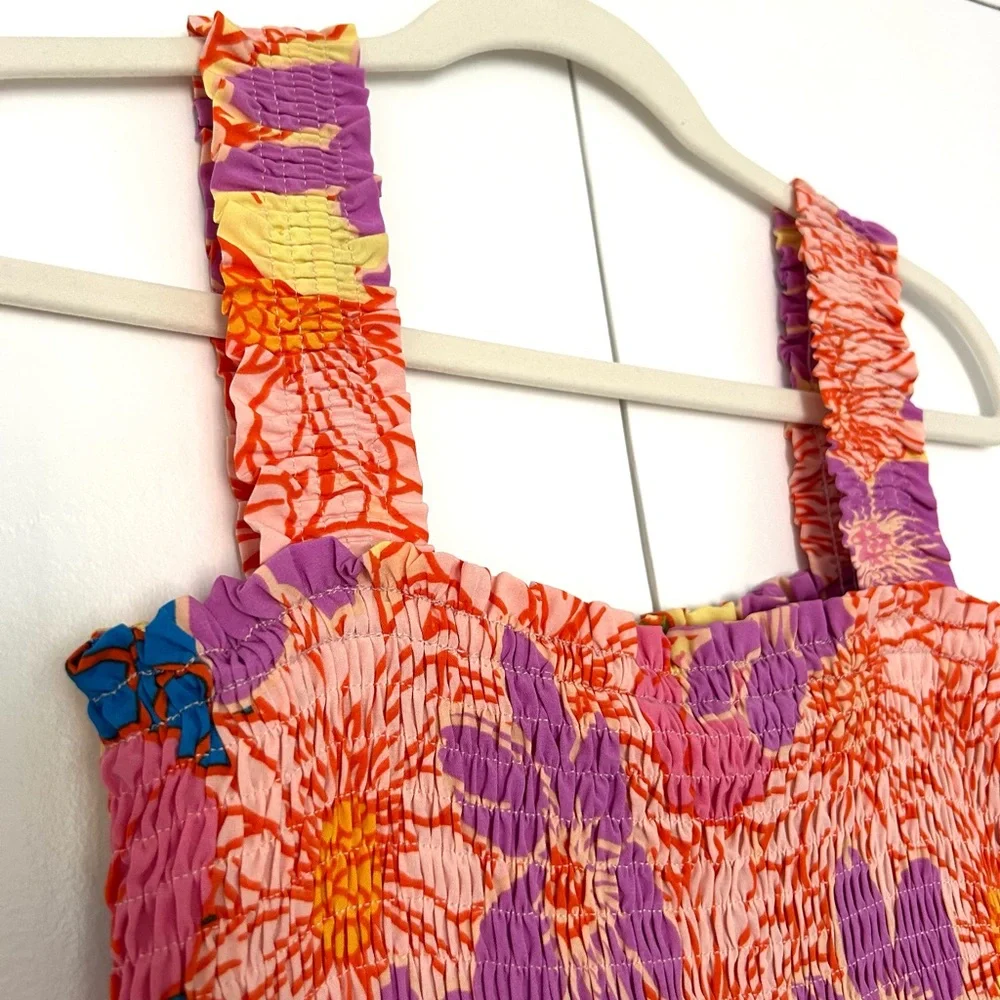 Entro NWOT floral smocked midi dress bright fun colorful pockets sundress multi - Picture 4 of 7